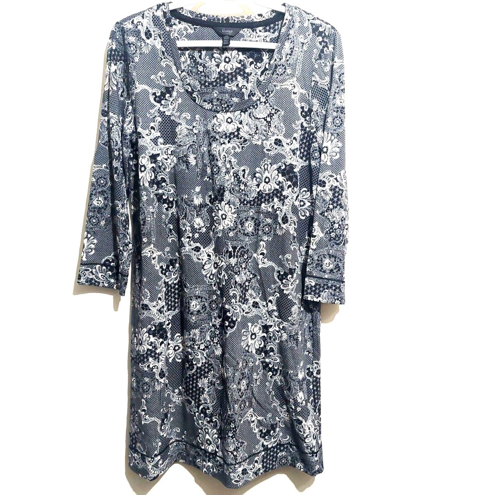 Soma Intimates Womens Sm Sleepwear Lounge Dress Stretch 3/4 Sleeve Black White